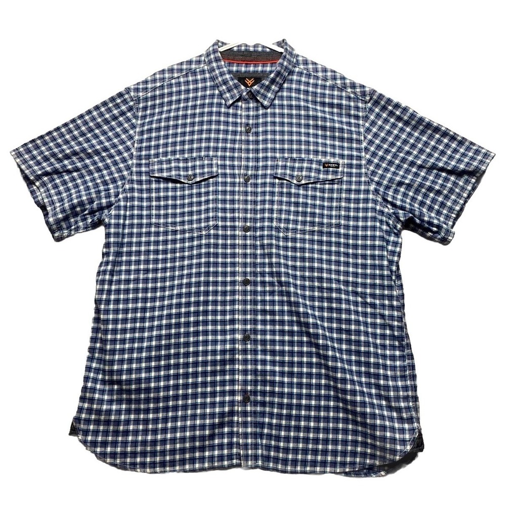 Hawx Work Gear Shirt Mens 2XL White Blue Plaid Cotton Stretch Logo Button Up